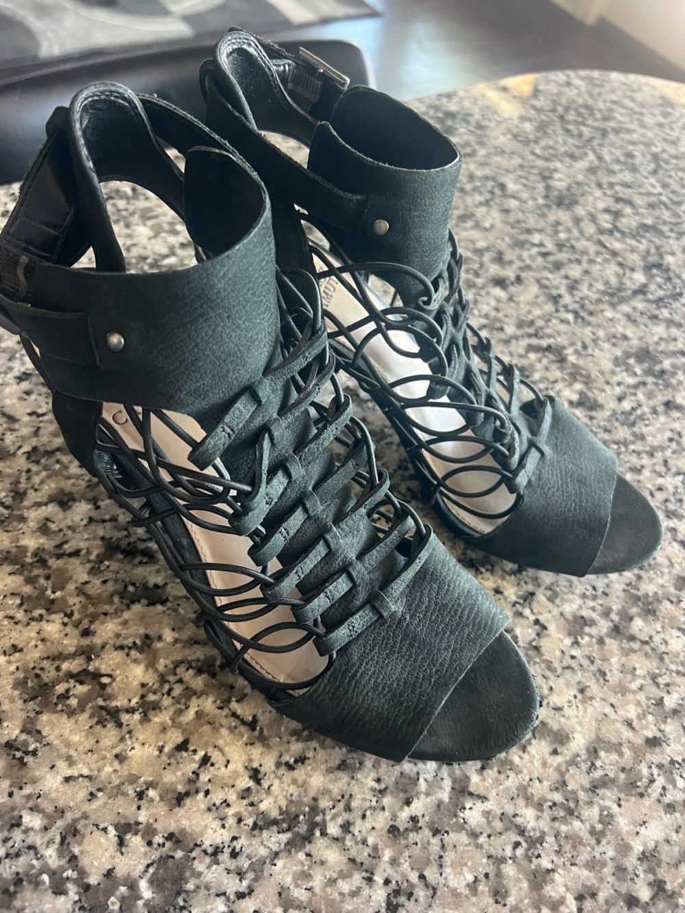Vince Camuto Black Lace-Up Caged Block Heel Sandals
